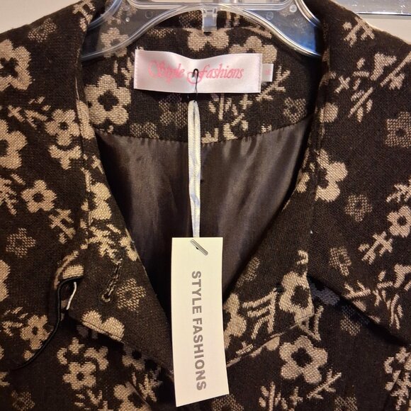 NEW Women’s Elegant Pea Coat Brown Cream Floral Lined Trench Coat ¾ Sleeve 14 L - Picture 10 of 10